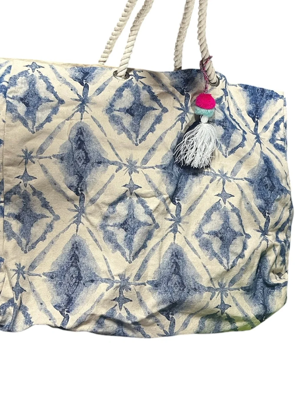 Canvas Tote Bag with Blue Ikat Print and Tassel
